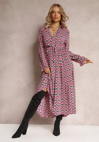 Renee - Fuksjowa Plisowana Sukienka Koszulowa z Wiązanym Paskiem Helminesa. Kolor: różowy. Materiał: materiał. Typ sukienki: koszulowe