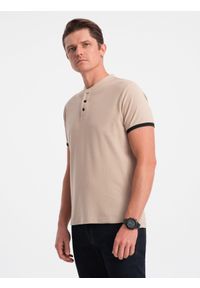 Ombre Clothing - Koszulka męska polo bez kołnierzyka - beżowa V5. Typ kołnierza: polo, bez kołnierzyka. Kolor: beżowy. Materiał: bawełna. Długość: długie