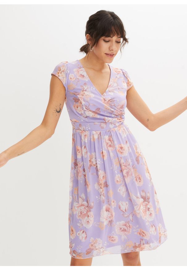 bonprix - Sukienka z siatkowego materiału z nadrukiem. Kolor: fioletowy. Materiał: materiał. Wzór: nadruk
