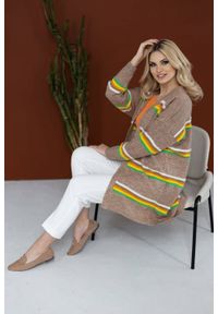 PeeKaBoo - Elegancki sweter kardigan w kolorowe paski cappuccino. Wzór: paski, kolorowy. Styl: elegancki