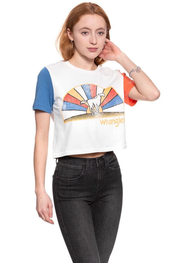 Wrangler - WRANGLER T SHIRT DAMSKI CROP TEE EGRET OFF WHITE W7382GFIO 112131030. Wzór: nadruk. Styl: vintage