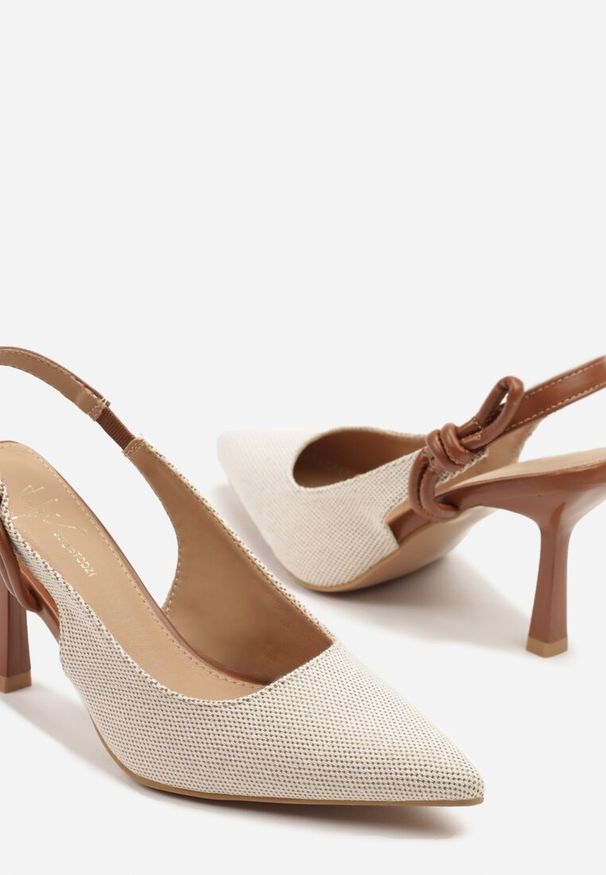 Renee - Beżowo-Brązowe Sandały na Szpilce Typu Slingback z Wiązaniem Elliranea. Okazja: na co dzień. Kolor: beżowy. Obcas: na szpilce. Styl: klasyczny, elegancki, casual
