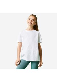 DOMYOS - Koszulka z krótkim rękawem dziecięca Domyos. Kolor: biały. Materiał: tkanina, prążkowany, bawełna, materiał. Długość rękawa: krótki rękaw. Długość: krótkie