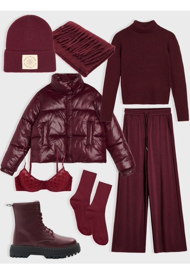 Sinsay - Spodnie wide leg - bordowy. Kolor: czerwony