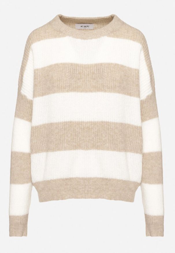Born2be - Beżowy Sweter w Pasy z Wełną Zakończony Ściągaczem Tiaelle. Okazja: na spotkanie biznesowe, na co dzień. Kolor: beżowy. Materiał: wełna. Styl: klasyczny, biznesowy, casual