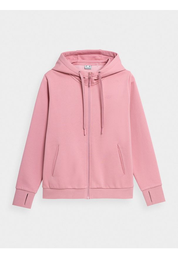 4f - Bluza dresowa rozpinana z kapturem damska. Typ kołnierza: kaptur. Kolor: różowy. Materiał: dresówka