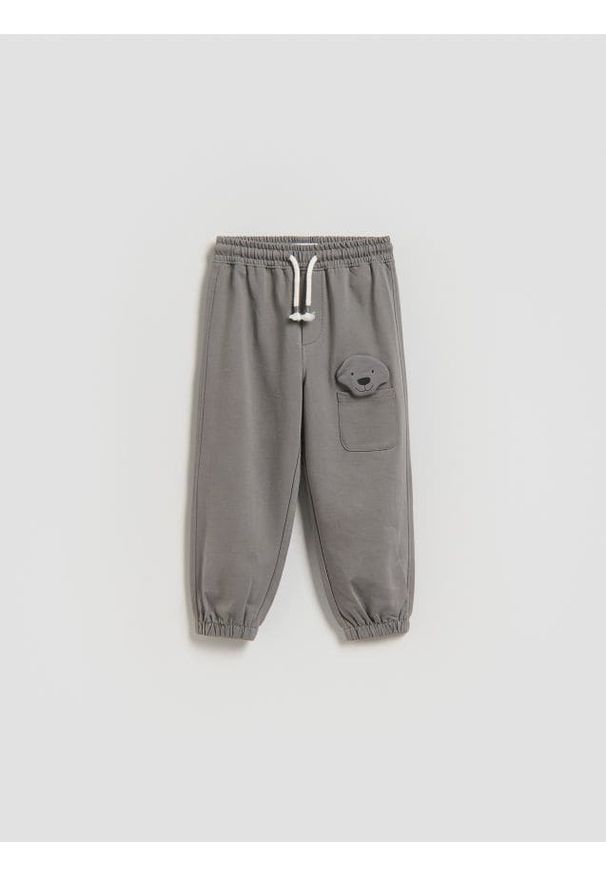Reserved - Spodnie z aplikacją - ciemnoszary. Kolor: szary. Materiał: dzianina, bawełna. Wzór: aplikacja