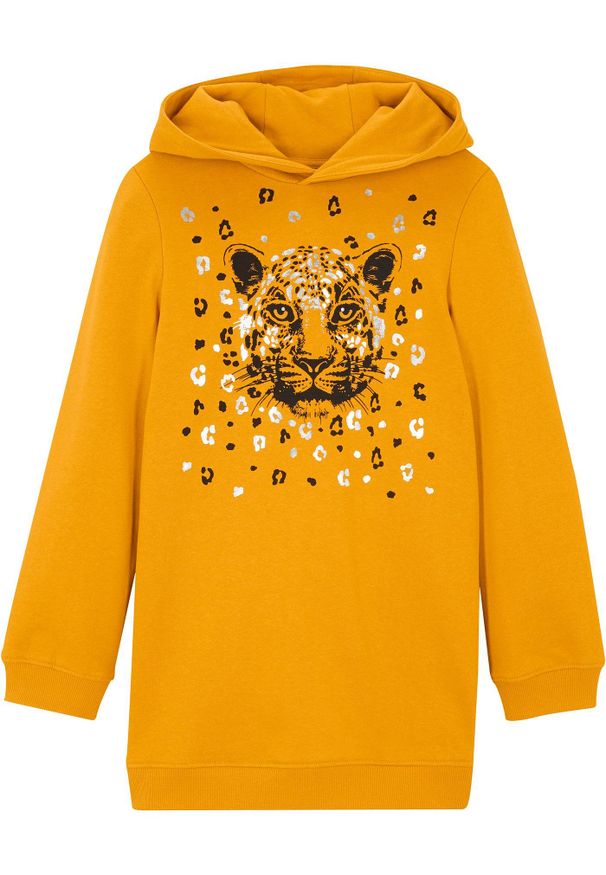 bonprix - Bluza z kapturem z bawełny organicznej. Typ kołnierza: kaptur. Kolor: pomarańczowy. Materiał: bawełna. Długość: długie. Wzór: nadruk. Styl: elegancki