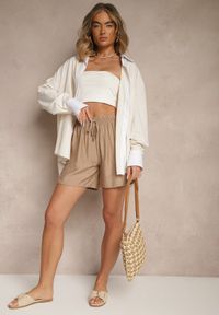 Renee - Ciemnobeżowe Szorty z Bawełny High Waist z Wiązaniem Filorella. Okazja: na co dzień, na spacer. Stan: podwyższony. Kolor: beżowy. Materiał: bawełna. Sezon: lato. Styl: casual #5