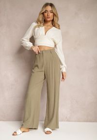 Renee - Ciemnozielone Szerokie Spodnie High Waist z Lnu i Wiskozy Apoises. Okazja: na co dzień. Stan: podwyższony. Kolor: zielony. Materiał: len, wiskoza. Długość: długie. Sezon: lato. Styl: elegancki, casual #4