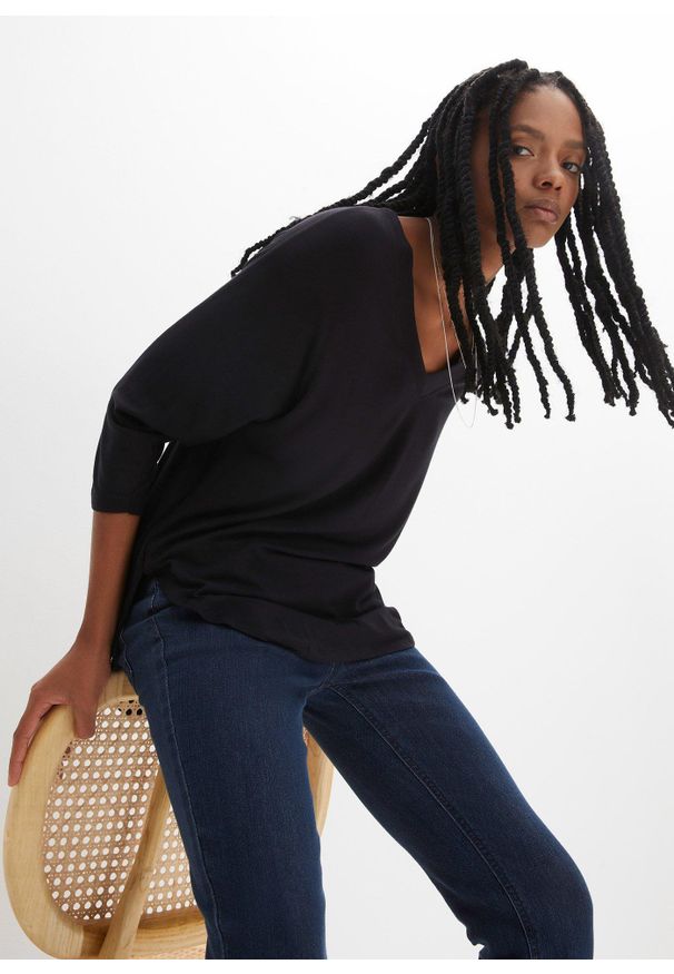 bonprix - Bluzka z lejącej mieszanki wiskozy. Kolor: czarny. Materiał: elastan, wiskoza. Długość: długie