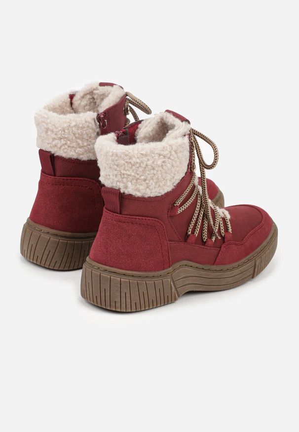 Born2be - Bordowe Sznurowane Śniegowce z Futerkiem Typu Baranek Mevesalia. Okazja: na co dzień. Wysokość cholewki: przed kolano. Zapięcie: sznurówki. Kolor: czerwony. Materiał: futro. Szerokość cholewki: normalna. Sezon: zima, jesień. Styl: casual