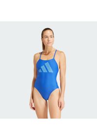 Adidas - 3 Bar Logo Print Swimsuit. Kolor: niebieski, wielokolorowy, biały. Wzór: nadruk