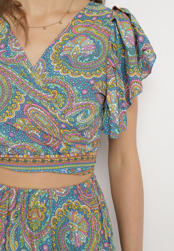 Born2be - Niebieski Komplet 2-Częściowy we Wzór Paisley z Wiskozy Spódnica Maxi i Kopertowa Góra Wabila. Kolor: niebieski. Materiał: wiskoza. Wzór: paisley