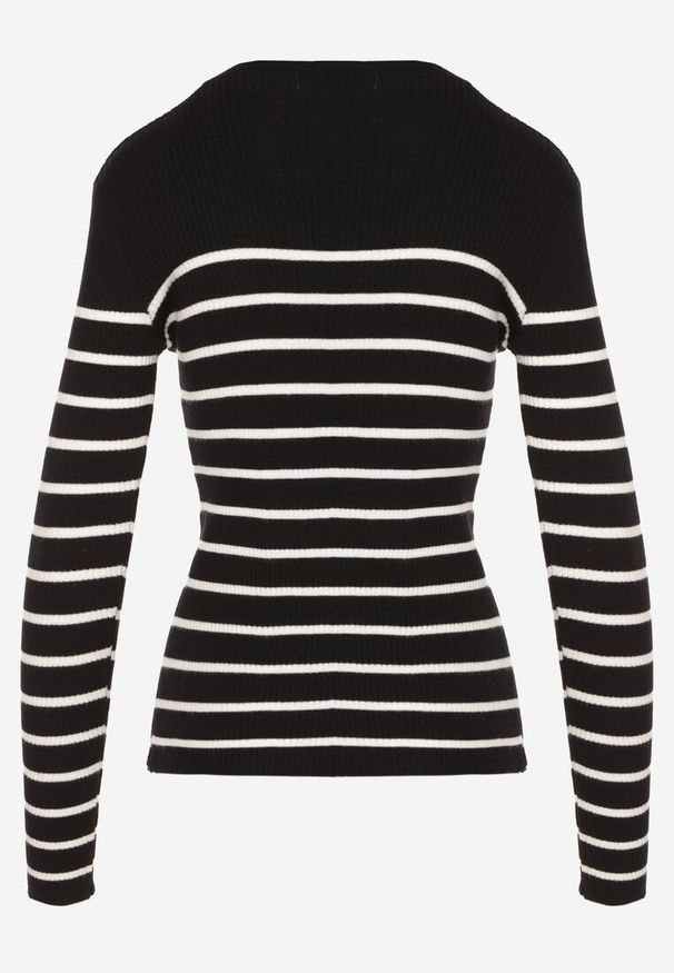 Renee - Czarna Bluzka z Bawełną z Motywem Pasków i Guzikami Serisse. Okazja: na co dzień, na spotkanie biznesowe, do pracy. Kolor: czarny. Materiał: bawełna. Wzór: paski. Styl: casual, biznesowy