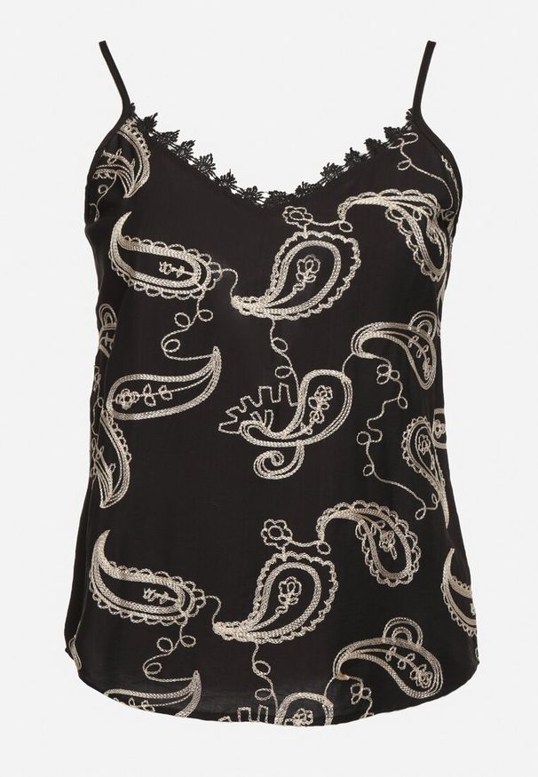 Born2be - Czarny Top na Cienkich Ramiączkach z Haftem i Metaliczną Nicią Palinoria. Okazja: na spacer, na co dzień. Kolor: czarny. Materiał: jeans. Długość rękawa: na ramiączkach. Wzór: haft. Styl: klasyczny, casual, elegancki