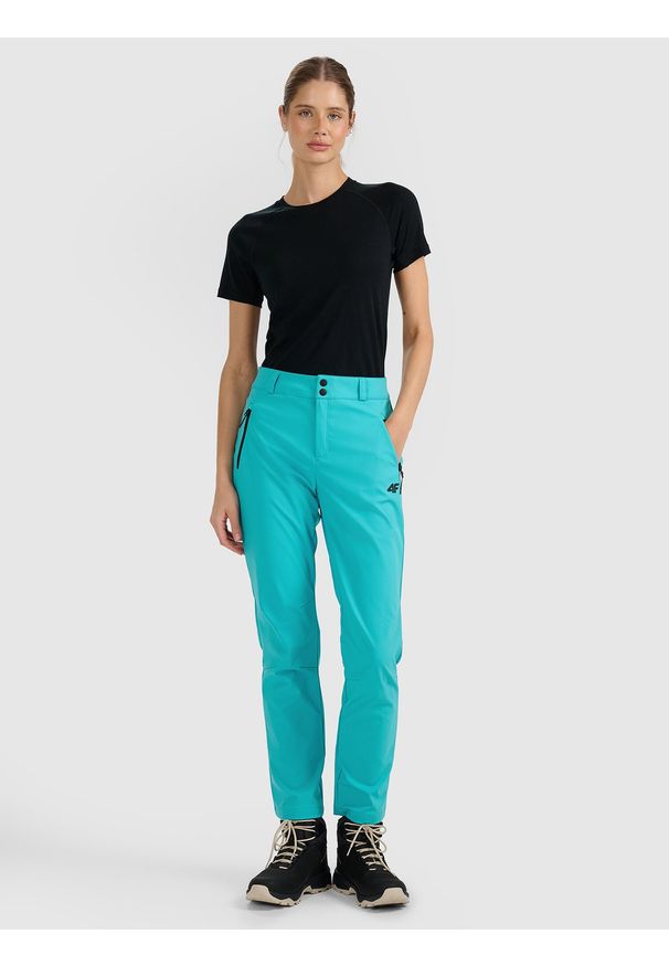 4f - 4F Spodnie trekkingowe softshell membrana 10000 damskie - turkusowe M. Stan: podwyższony. Kolor: turkusowy. Materiał: softshell. Technologia: Primaloft. Sport: wspinaczka, turystyka piesza