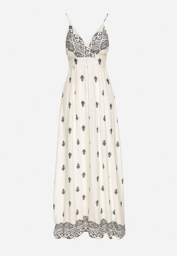 Born2be - Kremowo-Czarna Bawełniana Sukienka Rozkloszowana z Kopertowym Dekoltem i Wiązaniem Revevra. Okazja: na randkę, na co dzień. Typ kołnierza: dekolt kopertowy. Kolor: beżowy. Materiał: bawełna. Długość rękawa: na ramiączkach. Typ sukienki: kopertowe. Styl: casual