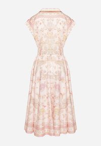 Born2be - Różowa Rozkloszowana Sukienka Koszulowa z Lnu i Wiskozy z Paskiem Alumera. Typ kołnierza: kołnierzyk klasyczny, dekolt w serek. Kolor: różowy. Materiał: len, wiskoza. Typ sukienki: koszulowe. Styl: klasyczny #2