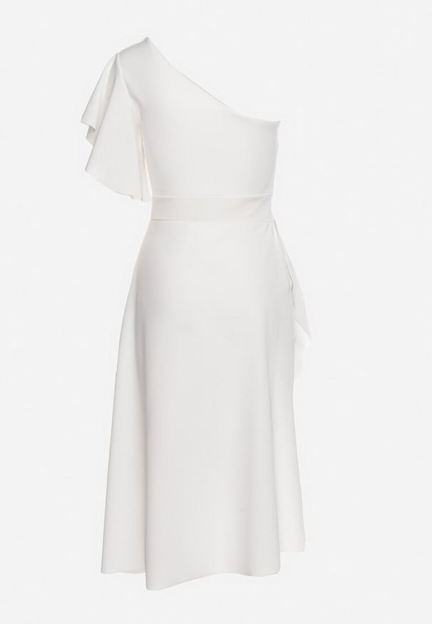 Born2be - Biała Koktajlowa Sukienka Asymetryczna na Jedno Ramię z Falbankami Vimilora. Typ kołnierza: kołnierz z falbankami. Kolor: biały. Materiał: materiał. Typ sukienki: asymetryczne. Styl: wizytowy