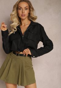 Renee - Zielone Jeansowe Spódnico-spodenki z Paskiem z Imitacji Skóry Violora. Kolor: zielony. Materiał: jeans, skóra. Styl: sportowy