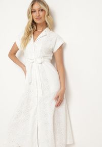 Born2be - Biała Bawełniana Ażurowa Sukienka na Guziki o Koszulowym Kroju Wiązana Paskiem Grosofia. Okazja: na co dzień. Kolor: biały. Materiał: bawełna. Wzór: ażurowy. Sezon: lato. Typ sukienki: koszulowe. Styl: casual, elegancki, klasyczny #3