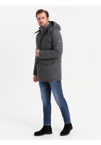 Ombre Clothing - Długa ciepła kurtka męska typu parka z wełną – czarny melanż V2 OM-JALJ-0217 - XXL. Kolor: czarny. Materiał: wełna. Długość: długie. Wzór: melanż #3