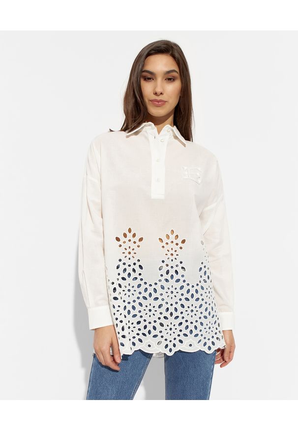 Ermanno Firenze - ERMANNO FIRENZE - Biała ażurowa bluzka oversize. Kolor: biały. Materiał: bawełna, koronka, materiał. Długość rękawa: długi rękaw. Długość: długie. Wzór: ażurowy