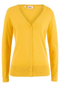 Sweter rozpinany z gładkiej dzianiny z plisą guzikową bonprix żółty kanarkowy. Kolor: żółty. Materiał: dzianina. Wzór: gładki #1