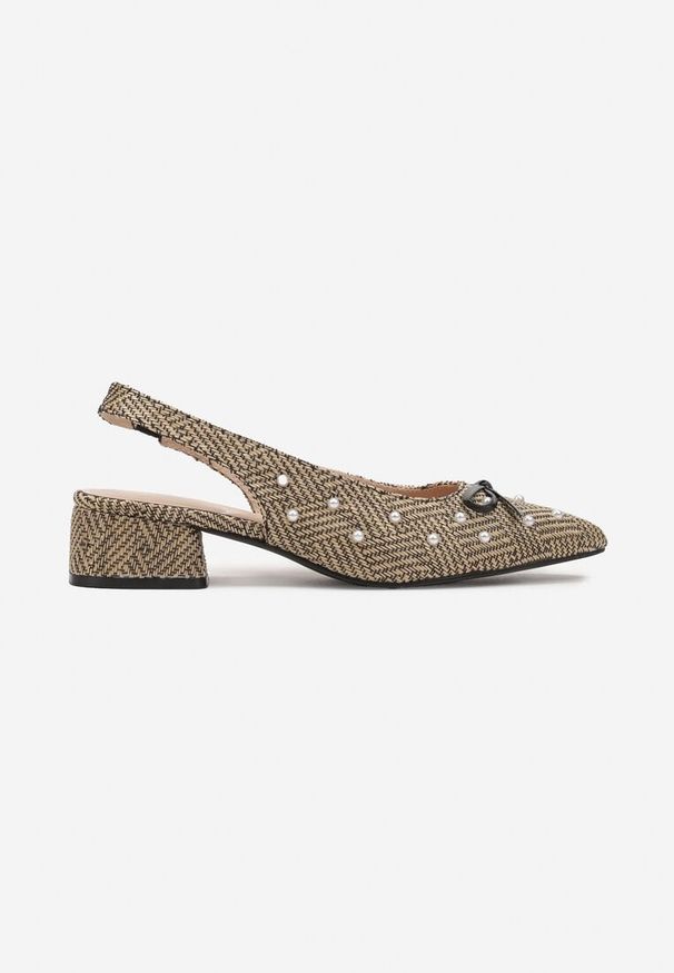 Renee - Beżowo-Czarne Czółenka na Słupku Typu Slingback Ozdobione Kokardą i Perełkami Calretis. Okazja: na co dzień, na spacer. Kolor: czarny. Materiał: jeans. Wzór: aplikacja. Obcas: na słupku. Styl: klasyczny, elegancki, casual. Wysokość obcasa: niski