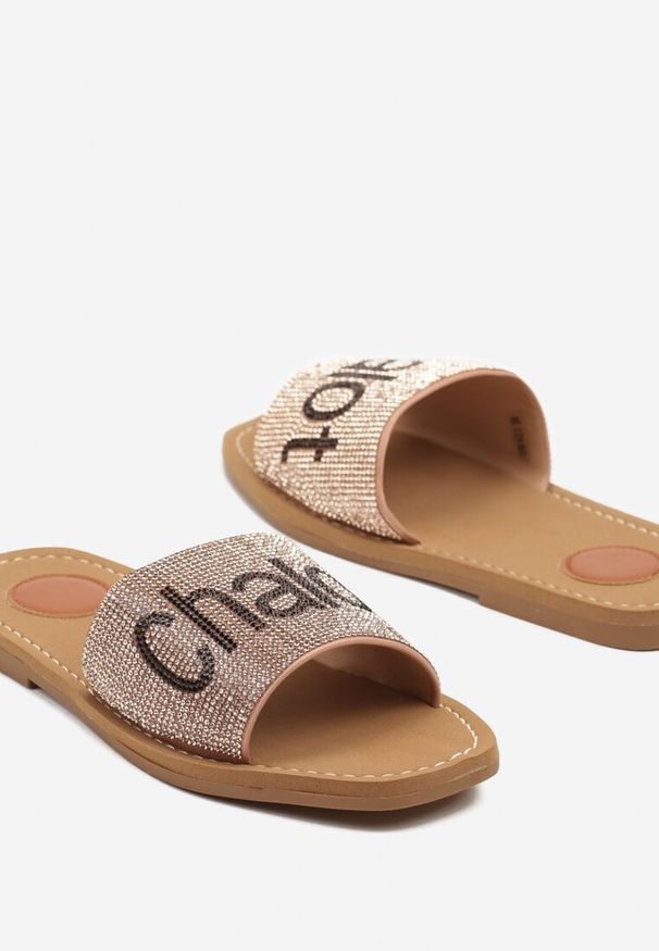 Renee - Szampańskie Klapki na Płaskiej Podeszwie z Napisem Tulevelis. Okazja: na co dzień. Kolor: złoty. Materiał: jeans. Wzór: napisy. Obcas: na płaskiej podeszwie. Styl: casual, elegancki