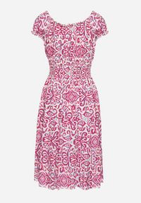 Born2be - Różowa Sukienka z Bawełny w Ornamentalny Wzór z Gumką w Pasie Natirissa. Okazja: na co dzień. Kolor: różowy. Materiał: bawełna. Długość rękawa: krótki rękaw. Sezon: lato. Typ sukienki: proste. Styl: elegancki, casual #2