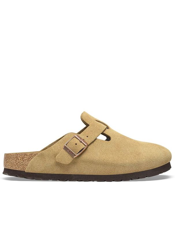 Klapki unisex Birkenstock Boston 1026181 - beżowe. Kolor: beżowy. Materiał: welur, zamsz, skóra, materiał. Szerokość cholewki: normalna. Sezon: lato