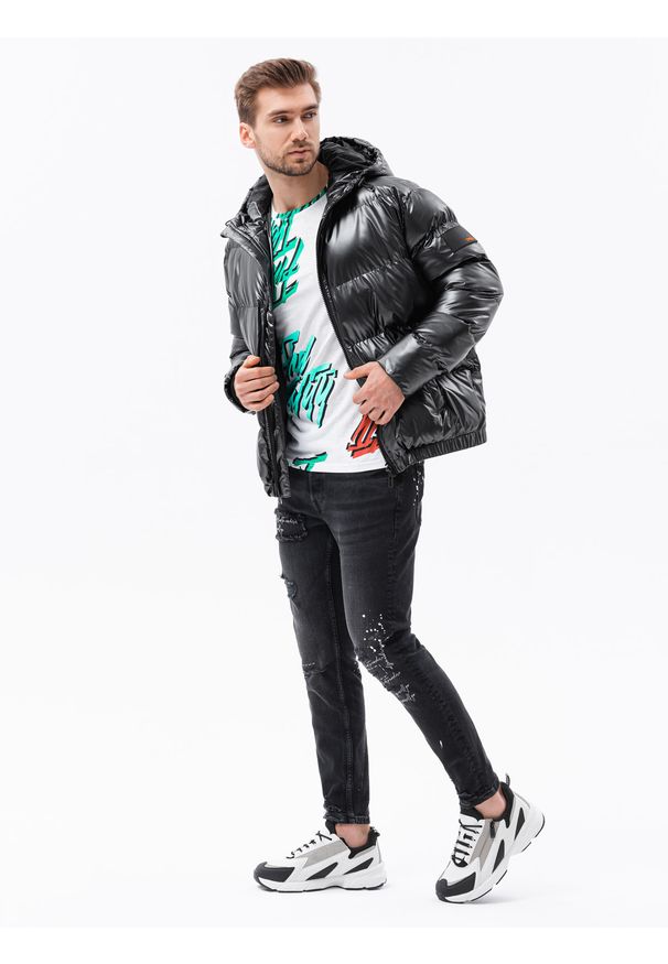 Ombre Clothing - Kurtka męska zimowa pikowana C463 - grafitowa - XXL. Kolor: szary. Materiał: poliester, materiał. Sezon: zima