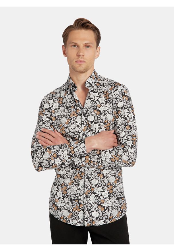 Pako Lorente - PAKO LORENTE - Czarna koszula męska kwiaty. Kolor: czarny. Materiał: elastan, bawełna. Długość rękawa: długi rękaw. Długość: długie. Wzór: kwiaty. Sezon: jesień