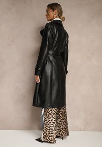 Renee - Czarny Płaszcz Trencz z Ekoskóry o Dwurzędowym Kroju z Paskiem Nilianis. Okazja: na co dzień. Kolor: czarny. Materiał: jeans. Styl: casual, elegancki #5