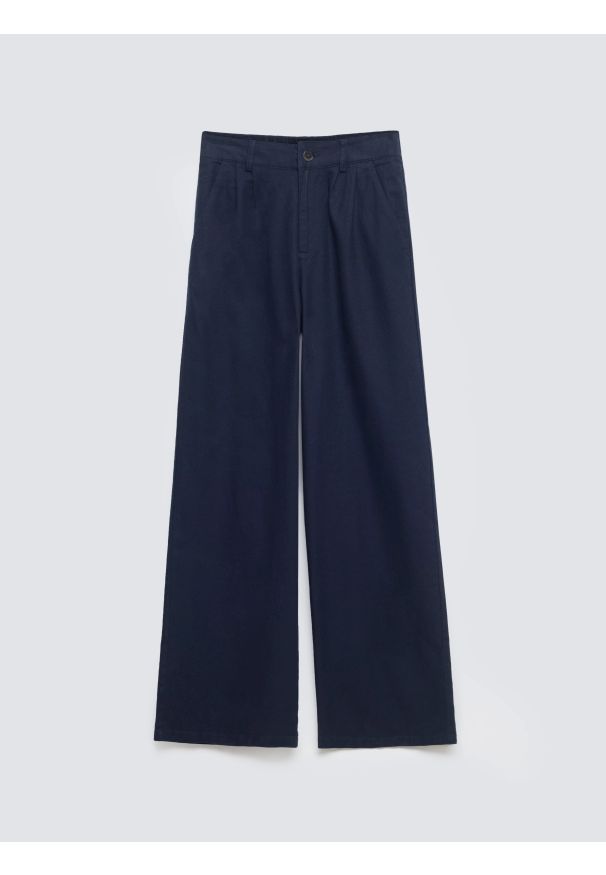 Big-Star - Spodnie damskie wide z domieszką lnu granatowe Malusi 403. Stan: podwyższony. Kolor: niebieski. Materiał: len. Sezon: lato. Styl: elegancki