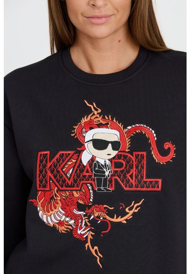 Karl Lagerfeld - KARL LAGERFELD Czarna bluza ikonik lny. Kolor: czarny. Materiał: len. Wzór: haft