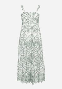 Born2be - Zielono-Biała Bawełniana Sukienka Ozdobiona Haftem Sadonique. Okazja: na co dzień. Kolor: zielony. Materiał: bawełna. Długość rękawa: na ramiączkach. Wzór: aplikacja, haft. Styl: elegancki, casual #4