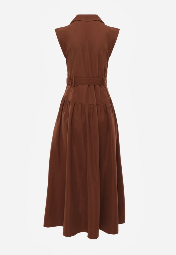 Born2be - Brązowa Koszulowa Sukienka Bez Rękawów Ozdobiona Paskiem z Klamrą Phalixia. Okazja: na co dzień. Kolor: brązowy. Długość rękawa: bez rękawów. Wzór: aplikacja. Typ sukienki: koszulowe. Styl: casual, elegancki