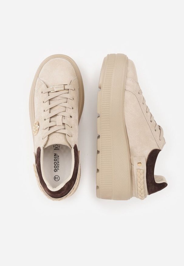 Born2be - Beżowe Sneakersy Skórzane na Grubej Podeszwie z Plecionym Paskiem i Ozdobą Chalessei. Okazja: na co dzień. Zapięcie: pasek. Kolor: beżowy. Materiał: skóra. Wzór: aplikacja
