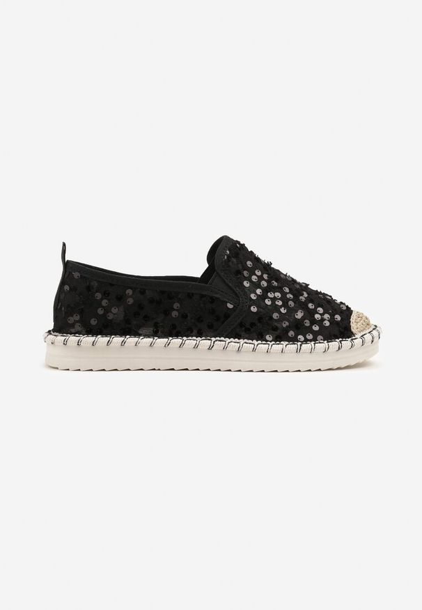 Renee - Czarne Siateczkowe Espadryle z Cekinowym Zdobieniem Vivianoria. Okazja: na spotkanie biznesowe, na co dzień. Kolor: czarny. Materiał: jeans. Wzór: aplikacja. Sezon: lato. Styl: biznesowy, casual