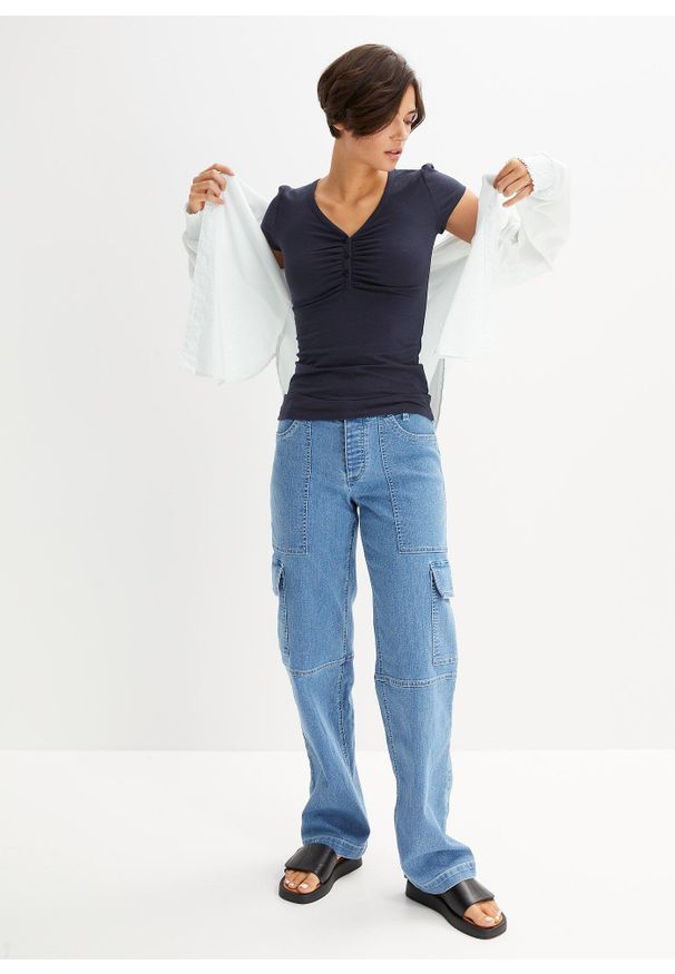 bonprix - Shirt z plisą guzikową, z bawełny organicznej. Typ kołnierza: dekolt w serek. Kolor: niebieski. Materiał: bawełna