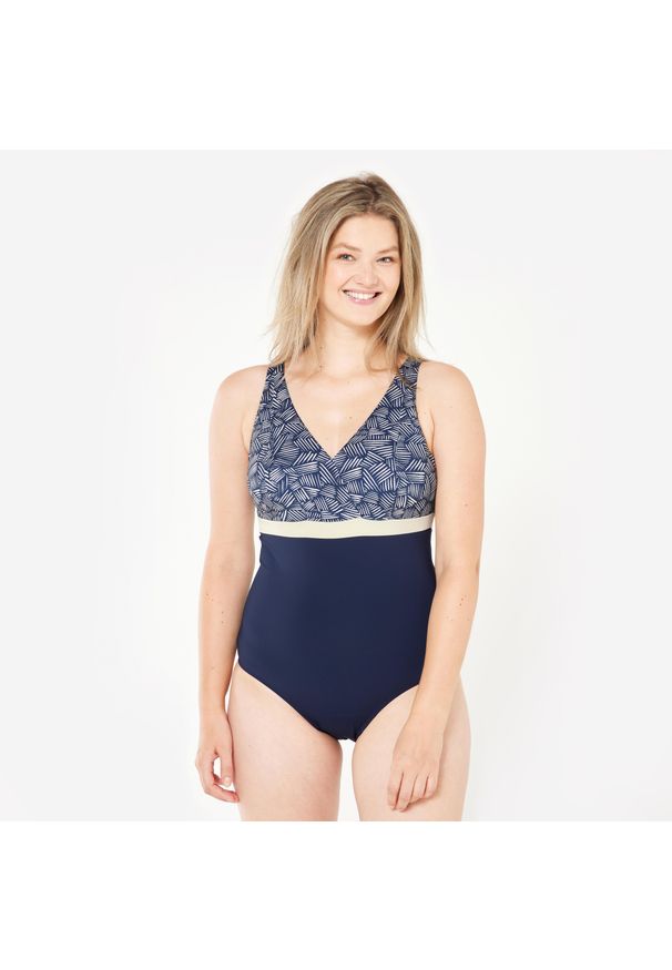 Decathlon - Strój jednoczęściowy pływacki damski Nabaiji Mia All Mini. Kolor: beżowy, niebieski, wielokolorowy