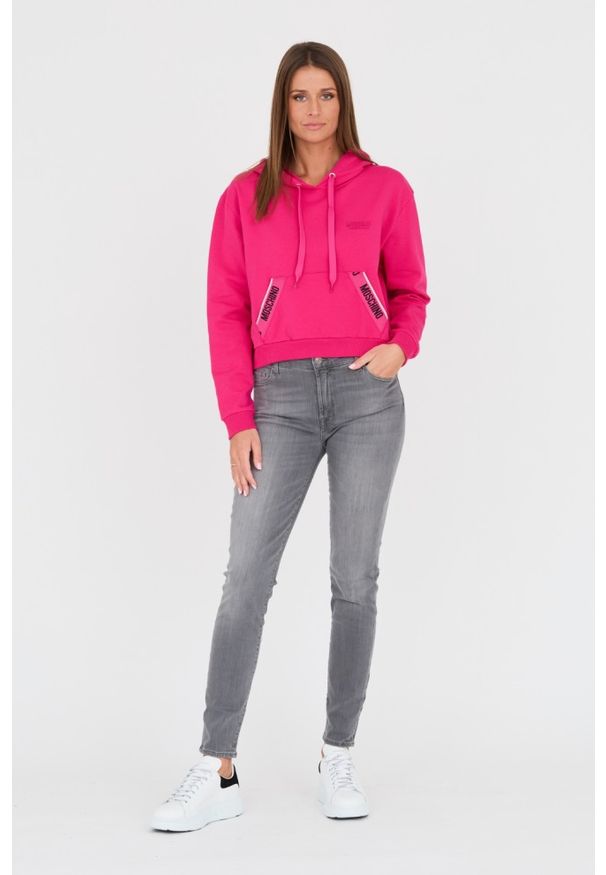 MOSCHINO Różowa damska bluza z kapturem i lampasami, Rozmiar S. Typ kołnierza: kaptur. Kolor: różowy