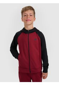 4f - 4F Bluza sportowa rozpinana z kapturem chłopięca - burgundowa 146/152 (10-12 lat). Okazja: na co dzień. Typ kołnierza: kaptur. Kolor: czerwony. Materiał: dzianina, skóra. Sezon: lato. Styl: sportowy #1