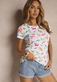 Renee - Biały T-shirt z Bawełny Zdobiony Nadrukiem Zarinela. Okazja: na co dzień. Kolor: pomarańczowy. Materiał: bawełna. Wzór: aplikacja, nadruk. Styl: klasyczny, elegancki, casual