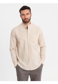 Ombre Clothing - Koszula męska lniana ze stójką i kieszenią REGULAR FIT – kremowa V3 - Rozmiar: M. Okazja: na co dzień. Typ kołnierza: kołnierzyk stójkowy. Kolor: kremowy. Materiał: len. Długość rękawa: długi rękaw. Długość: długie. Sezon: wiosna, lato. Styl: casual #3