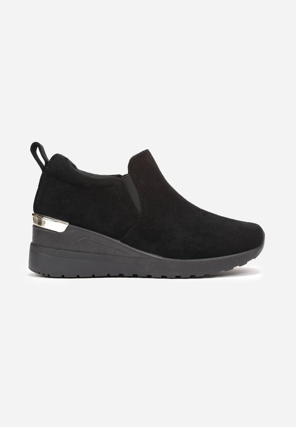 Renee - Czarne Sneakersy z Elastyczną Cholewką na Ozdobnym Koturnie Poffis. Nosek buta: okrągły. Kolor: czarny. Materiał: jeans, materiał, skóra. Szerokość cholewki: normalna. Obcas: na koturnie. Wysokość obcasa: średni