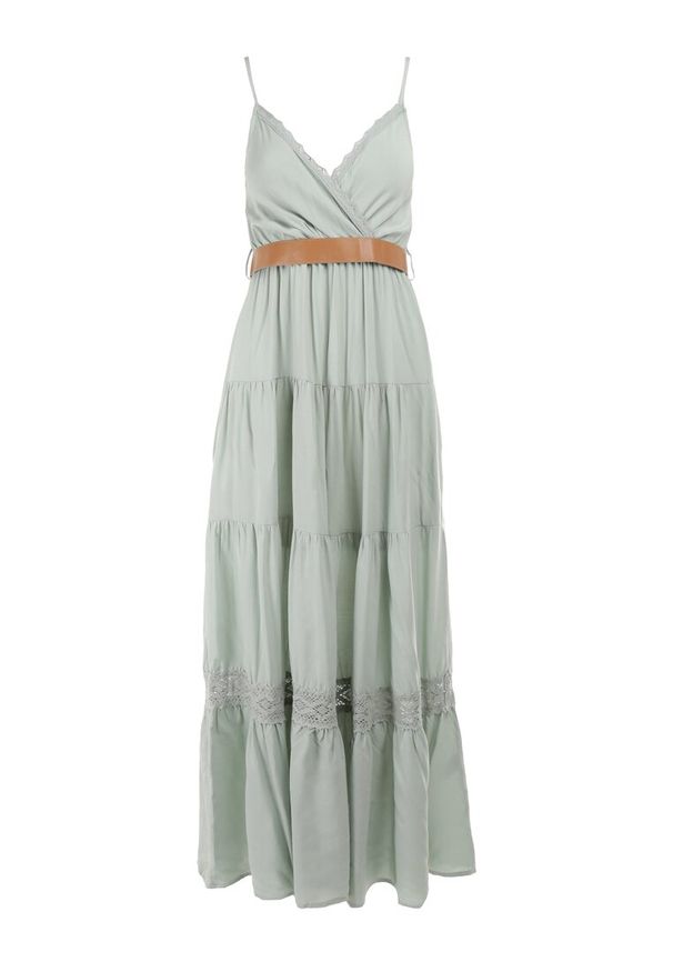 Born2be - Miętowa Sukienka z Paskiem Maerea. Typ kołnierza: dekolt kopertowy. Kolor: miętowy. Wzór: gładki. Typ sukienki: kopertowe, rozkloszowane. Materiał: koronka. Długość rękawa: na ramiączkach. Sezon: lato. Styl: boho. Długość: maxi